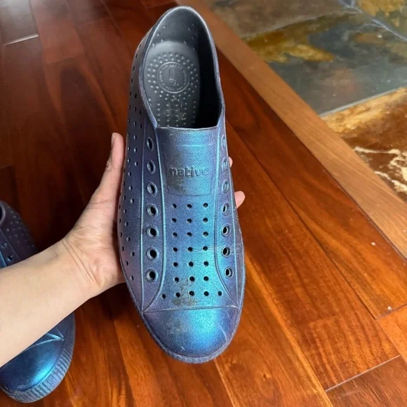 Shiny Blue Perforated Slip-Ons - Picture 10 of 16